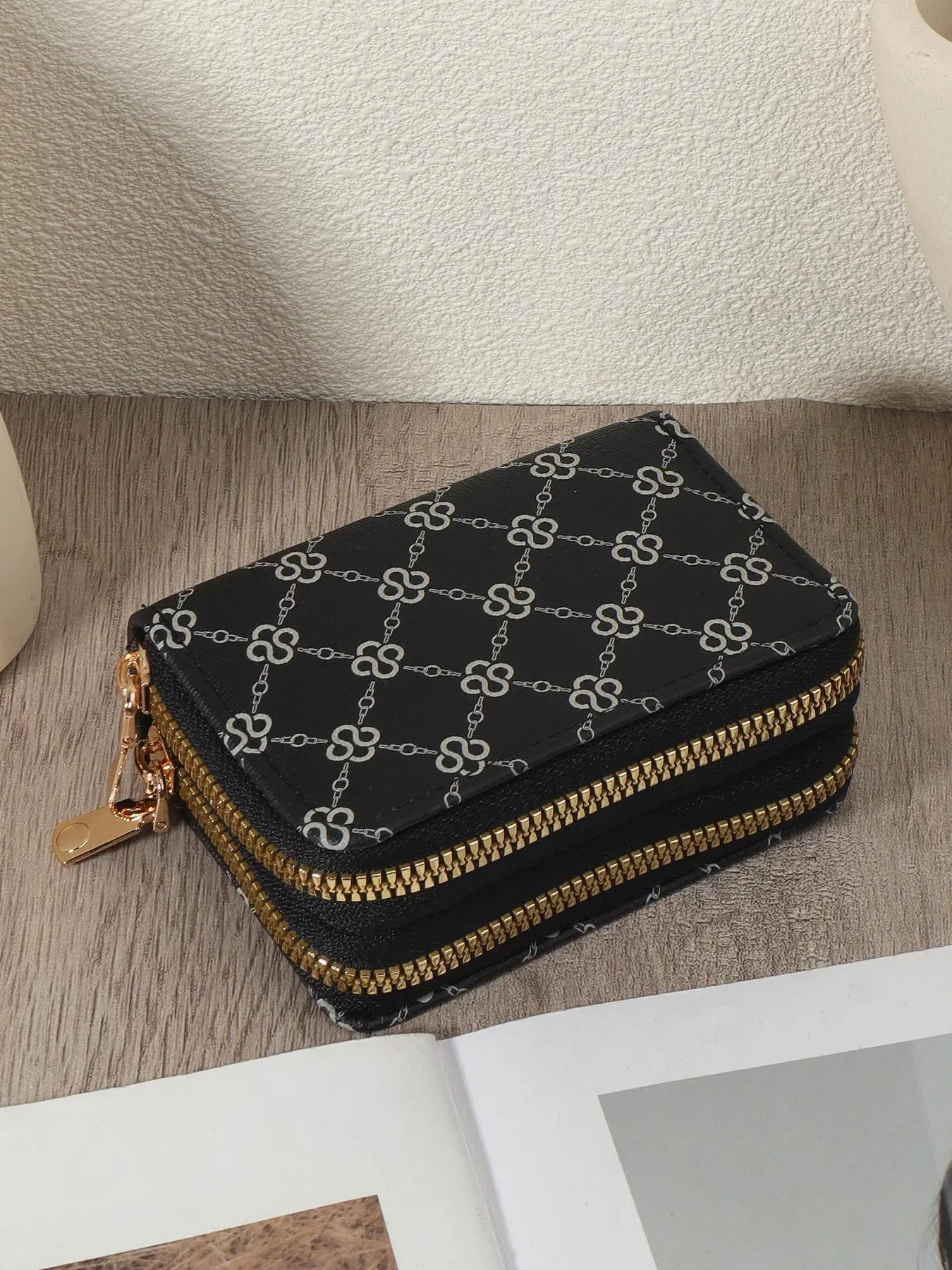 Women's Summer Retro Heart Print Double Zipper Around Coin Purse for Mothers Day Gift, Simple Casual Wallet Card Holder, Pu Leather Credit Card Storage Bag for Outdoors & Travel, Zippered Coin Pouch