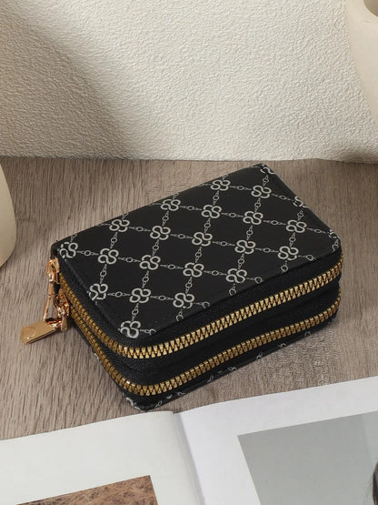 Women's Summer Retro Heart Print Double Zipper Around Coin Purse for Mothers Day Gift, Simple Casual Wallet Card Holder, Pu Leather Credit Card Storage Bag for Outdoors & Travel, Zippered Coin Pouch
