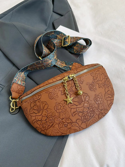 Women's Retro Floral Pattern Crossbody Fanny Pack for Women, Summer 2025 Trendy Fashion Pu Leather Zipper Belt Bag Casual Bum Bag Bumbag with Adjustable Strap for Daily Used, Versatile Bag, Fashion Waist Packs